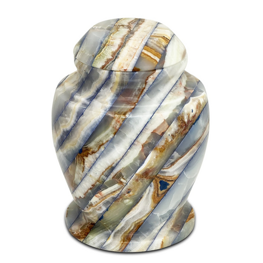 Dark banded onyx-toned stone cremation urn, upright and rounded, with a lift-off lid