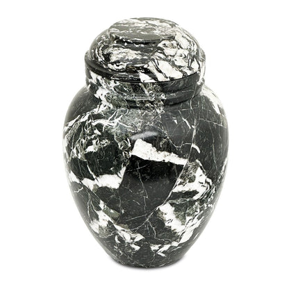 Tall black stone cremation urn with straight sides, plain surface and a flat lid