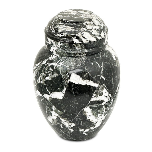 Tall black stone cremation urn with straight sides, plain surface and a flat lid