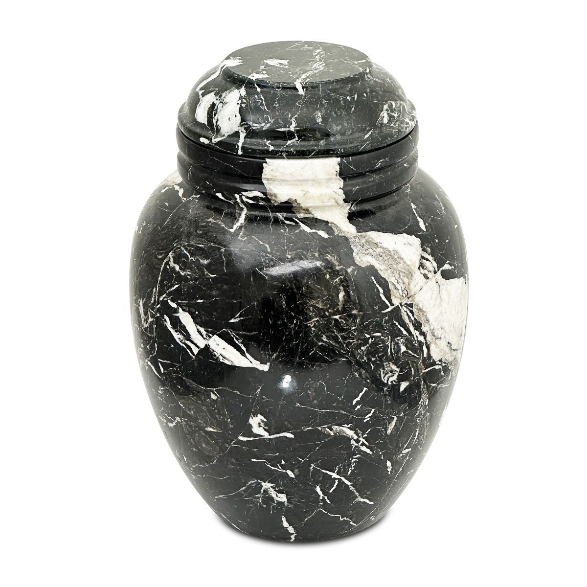 Medium black stone cremation urn, upright with a plain body and a lift-off lid