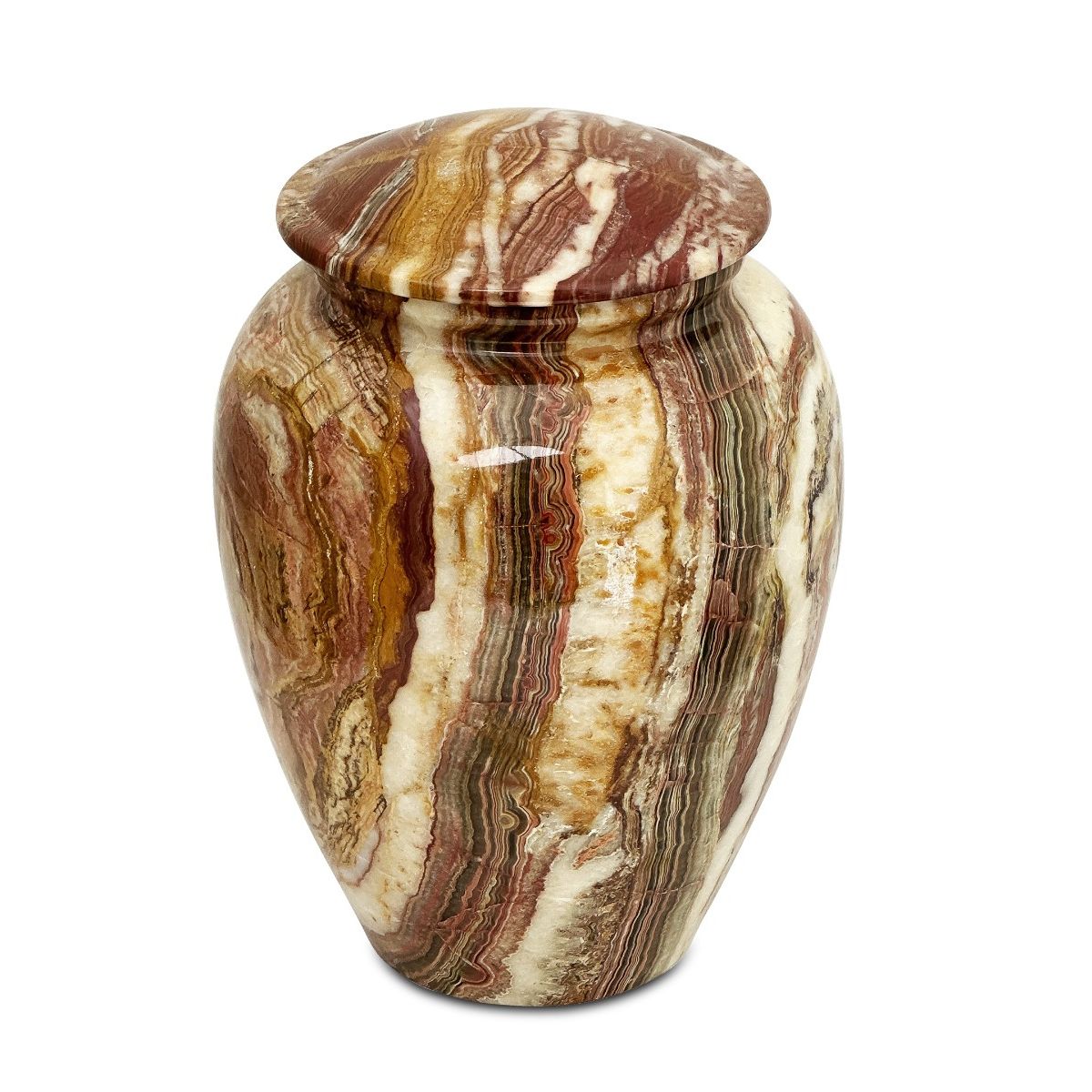 Medium stone cremation urn with a smooth pale body and a fitted lid
