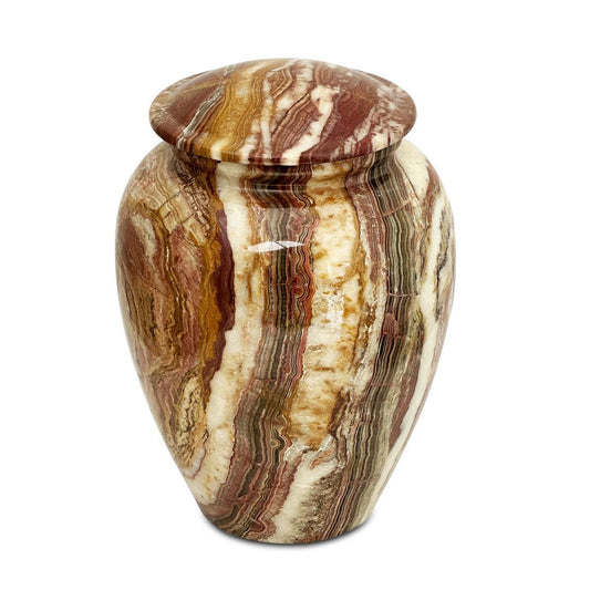 Medium stone cremation urn with a smooth pale body and a fitted lid