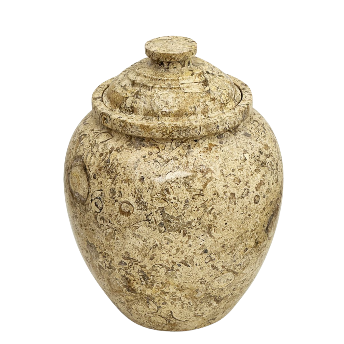 Tall fossil stone cremation urn with visible shell and sediment markings