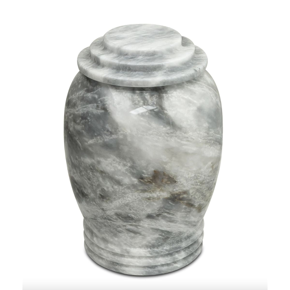 Tall gray natural stone cremation urn with a smooth body and a fitted stone lid