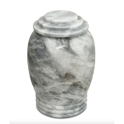 Tall gray natural stone cremation urn with a smooth body and a fitted stone lid