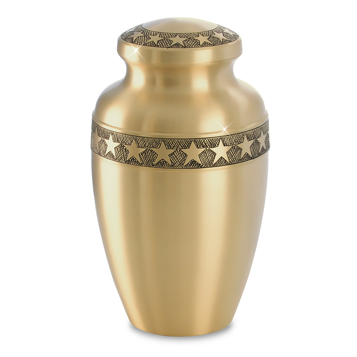 Brass cremation urn with small star shapes stamped in a band around the shoulder