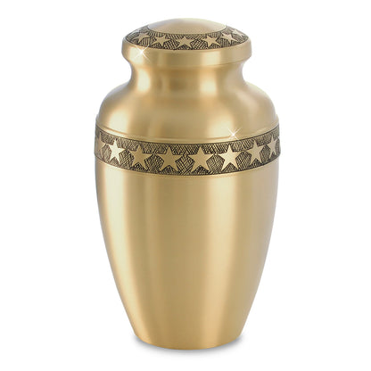 Brass cremation urn with small star shapes stamped in a band around the shoulder