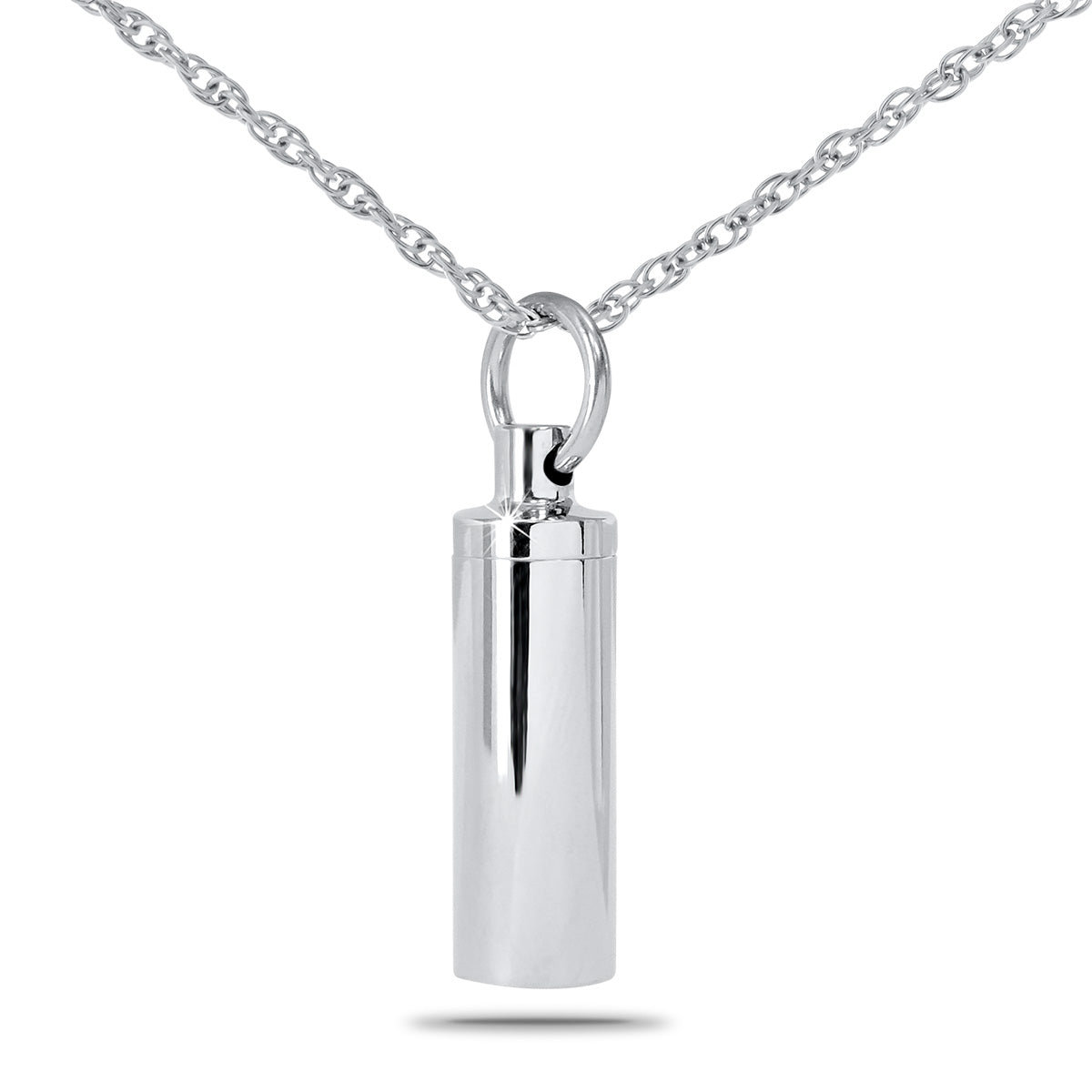 Plain stainless steel cylinder pendant with a rounded threaded cap and a bail at the top