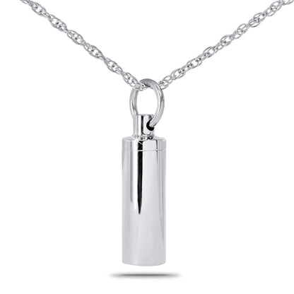 Plain stainless steel cylinder pendant with a rounded threaded cap and a bail at the top