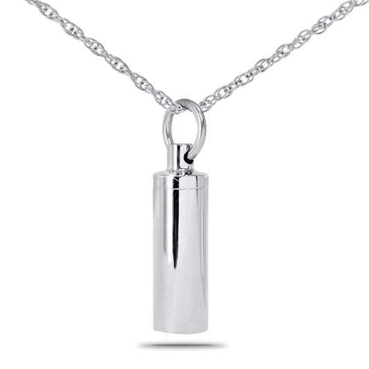 Plain stainless steel cylinder pendant with a rounded threaded cap and a bail at the top