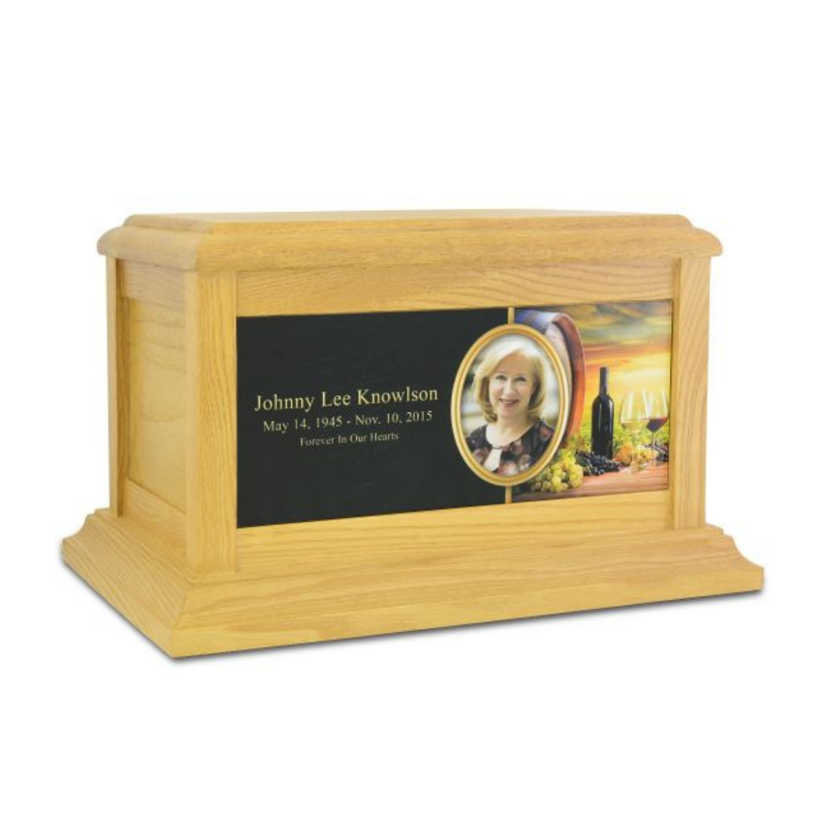 Upright ash wood cremation urn with pale grain and a photo frame set in the front