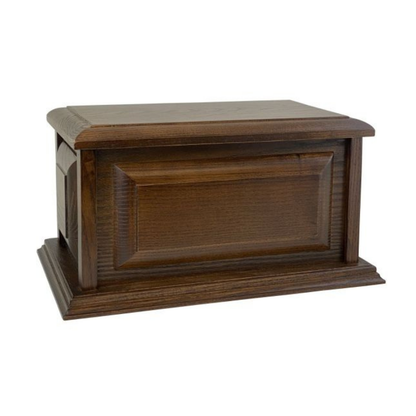 Tall wooden cremation urn with a natural satin finish, square body and stepped lid