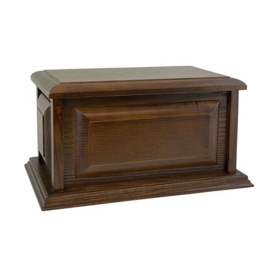Tall wooden cremation urn with a natural satin finish, square body and stepped lid