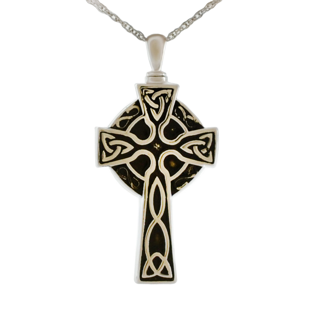 Stainless steel Celtic cross pendant with knotwork arms and a ring at the center