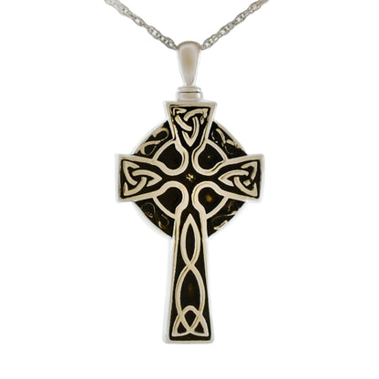 Stainless steel Celtic cross pendant with knotwork arms and a ring at the center