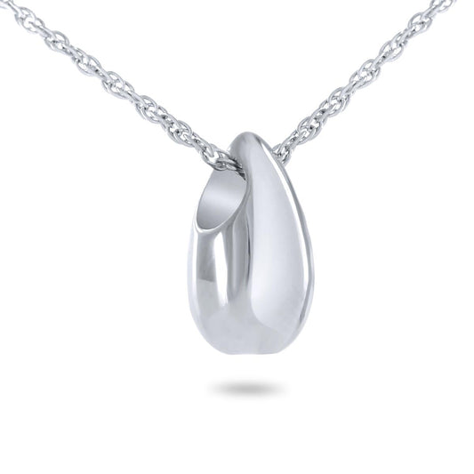 Smooth stainless steel pendant shaped like a single falling teardrop, unadorned