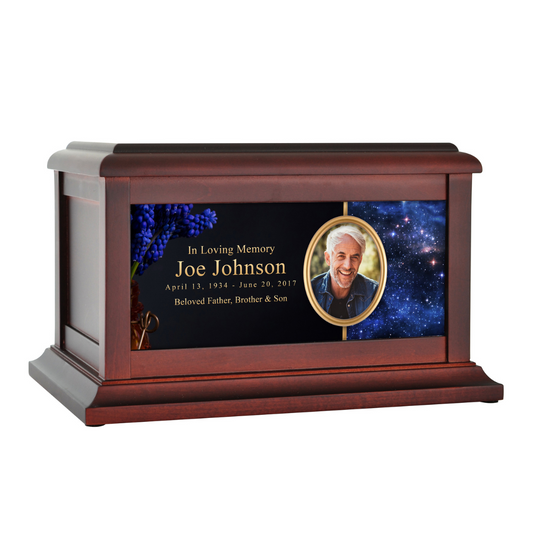 Cremation urn printed with a deep space nebula and scattered stars across the body