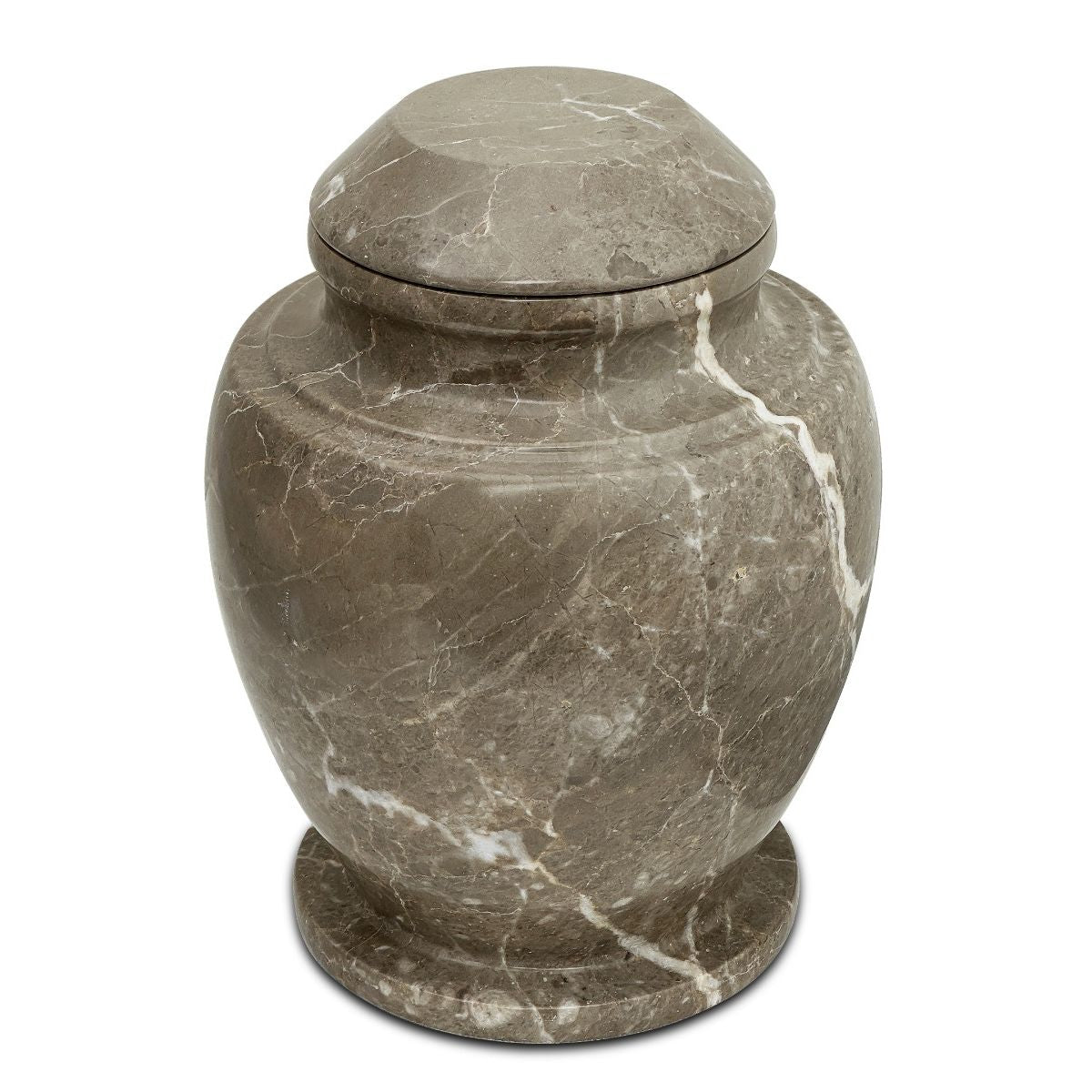 Cremation urn in warm brown and grey stone with a rounded body and lift-off lid