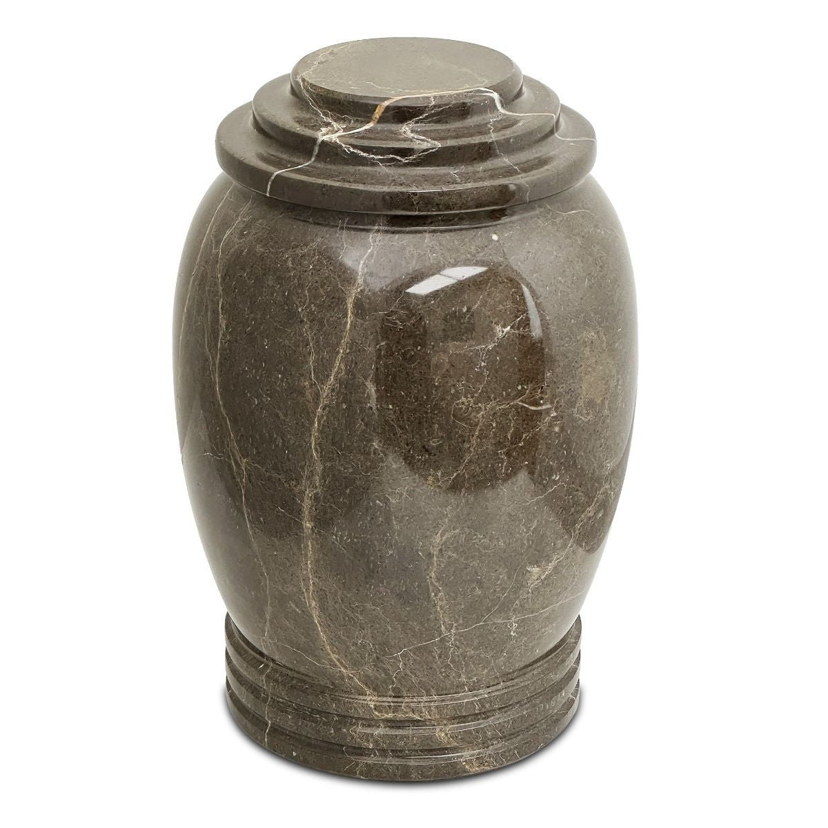 Rounded stone cremation urn in brown and tan tones with polished natural banding