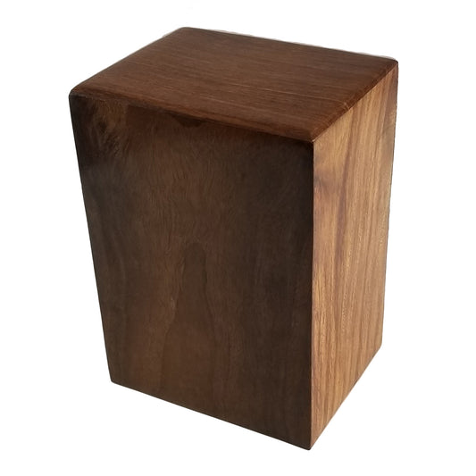 Upright wood pet urn with a paneled body, fitted top and a threaded plate underneath