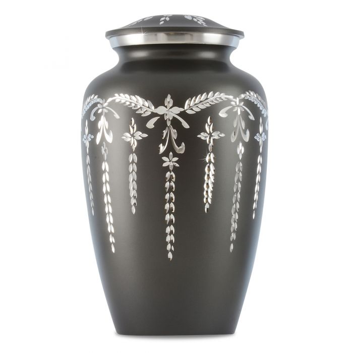 Charcoal grey aluminum cremation urn with a diamond-cut faceted band around the shoulder