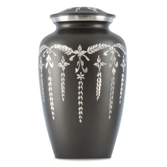 Charcoal grey aluminum cremation urn with a diamond-cut faceted band around the shoulder
