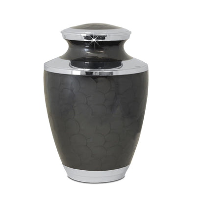 Plain black enamelled brass cremation urn with a smooth undecorated body and fitted lid