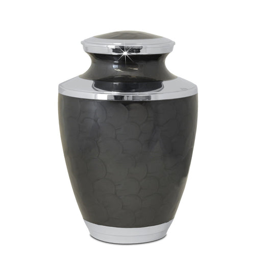 Plain black enamelled brass cremation urn with a smooth undecorated body and fitted lid