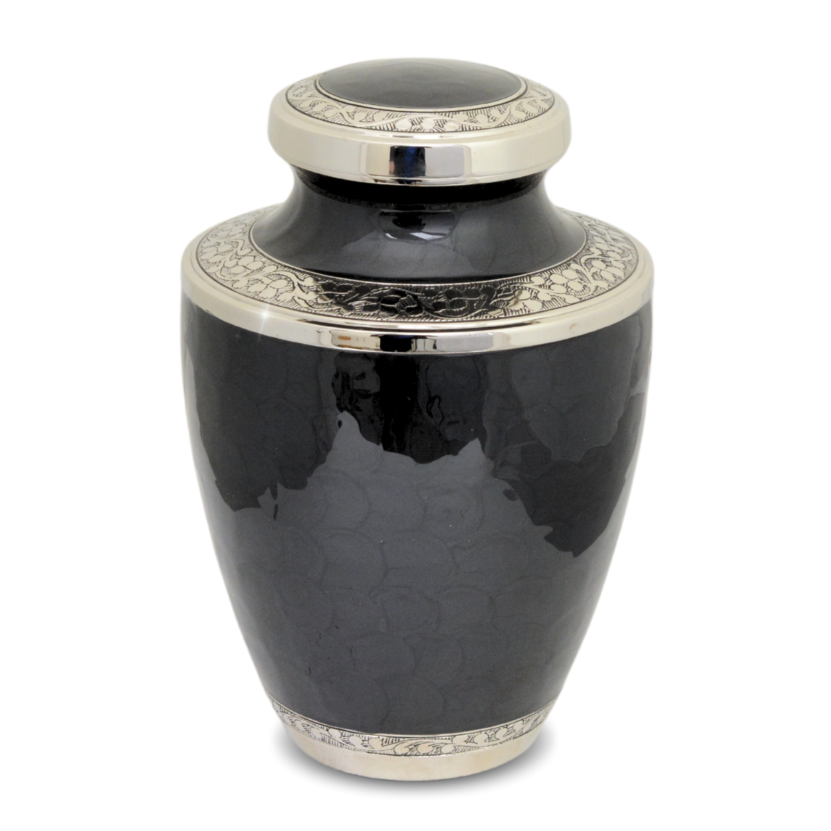Black enamelled brass cremation urn with a painted floral band around the rounded body