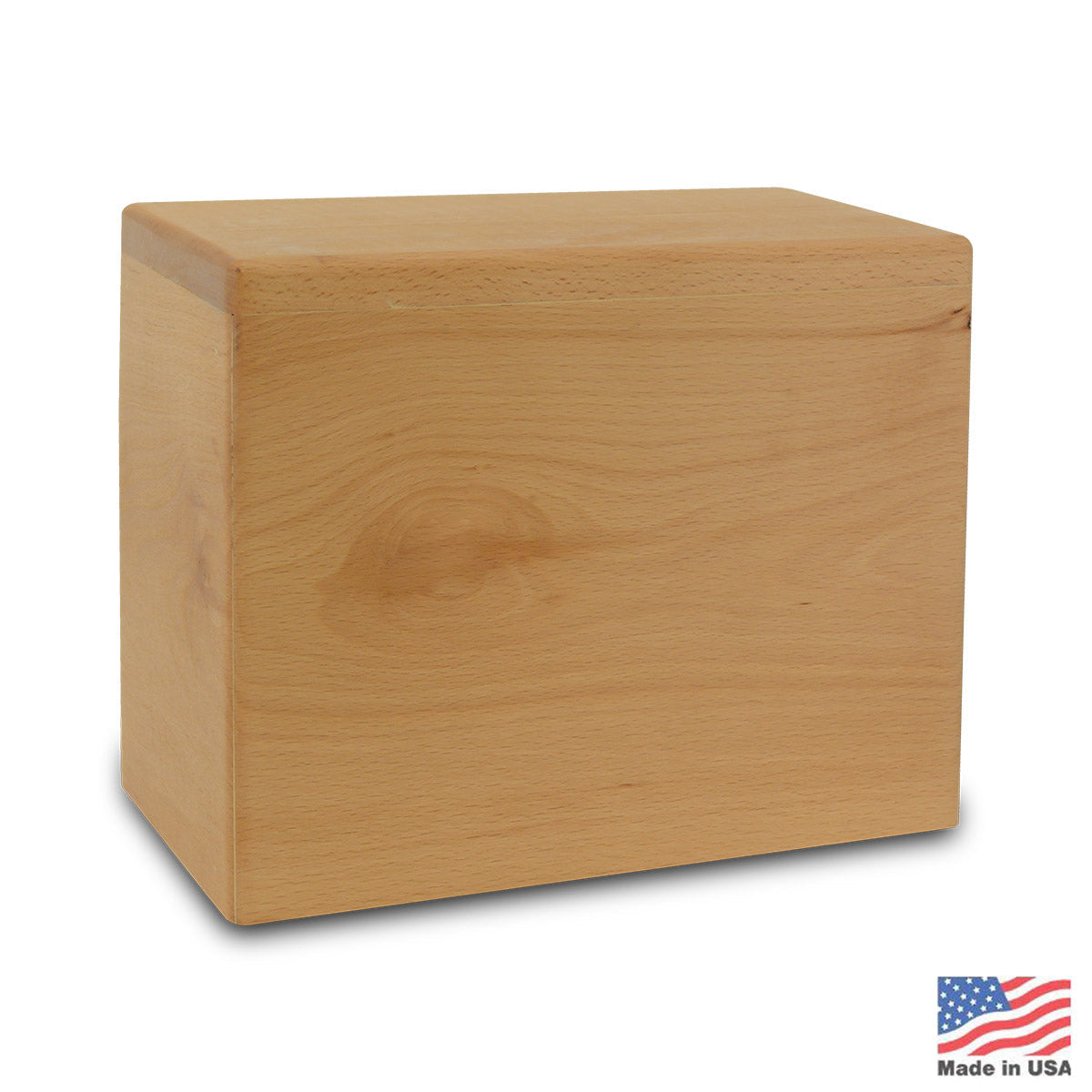 Wide oak cremation urn with straight sides, a flat lid and open grain