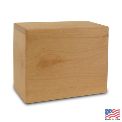 Wide oak cremation urn with straight sides, a flat lid and open grain