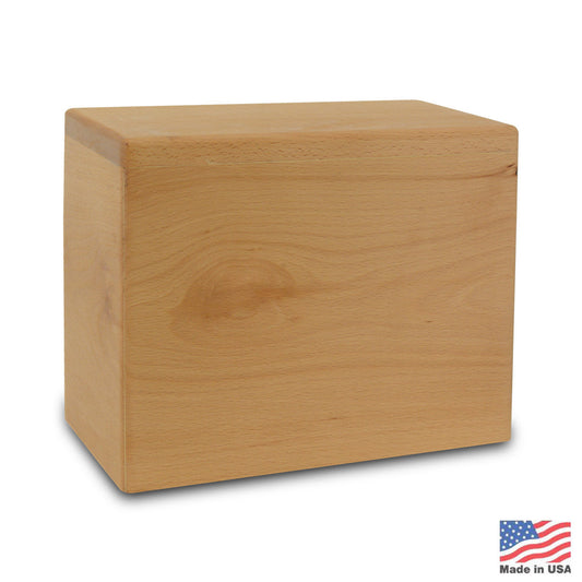 Wide oak cremation urn with straight sides, a flat lid and open grain