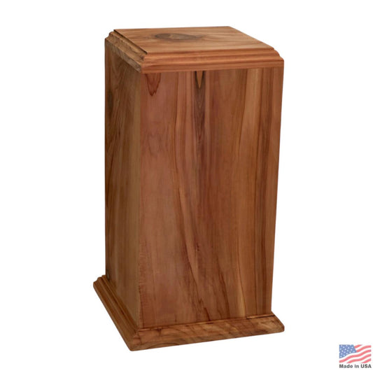 Tall square cedar urn with a stepped lid and pale reddish-brown wood grain