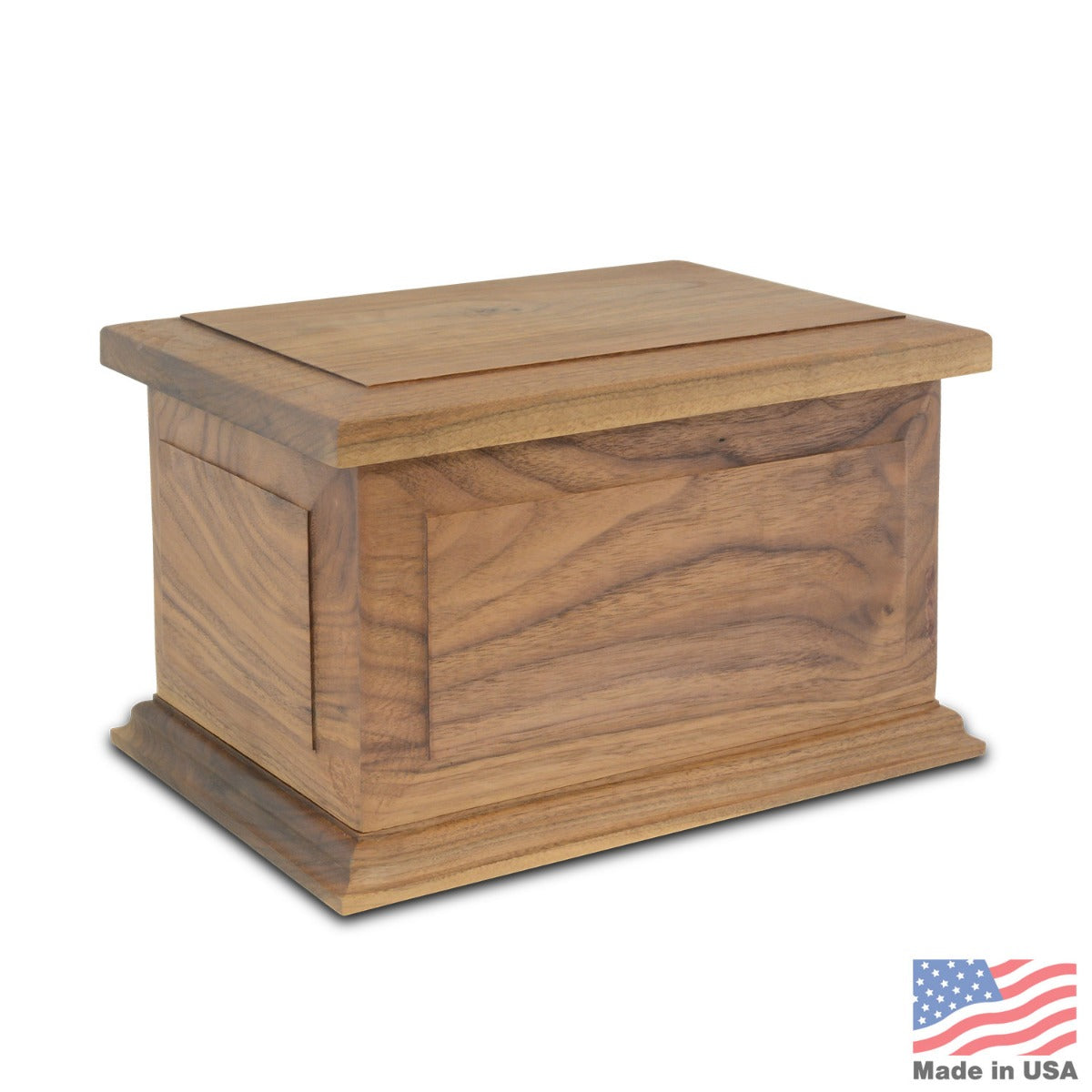 Rectangular walnut wood cremation urn with a plain front and visible dark grain