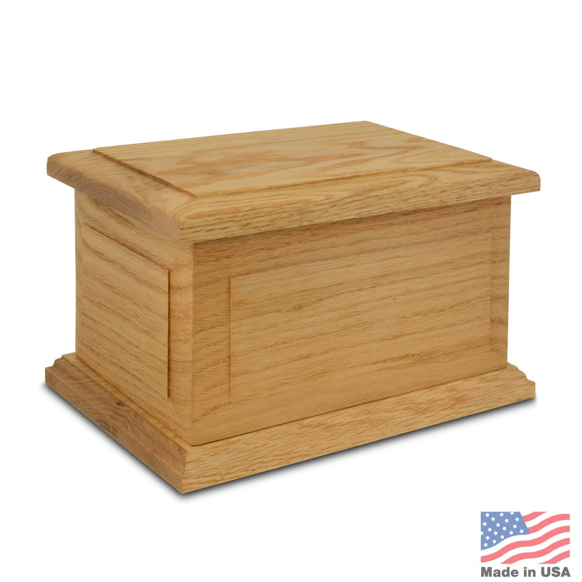 Rectangular oak wood cremation urn with a light finish and open grain on the front