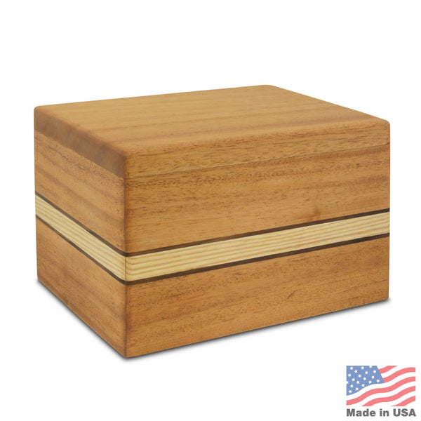 Rectangular mahogany wood cremation urn with a reddish-brown finish and smooth grain