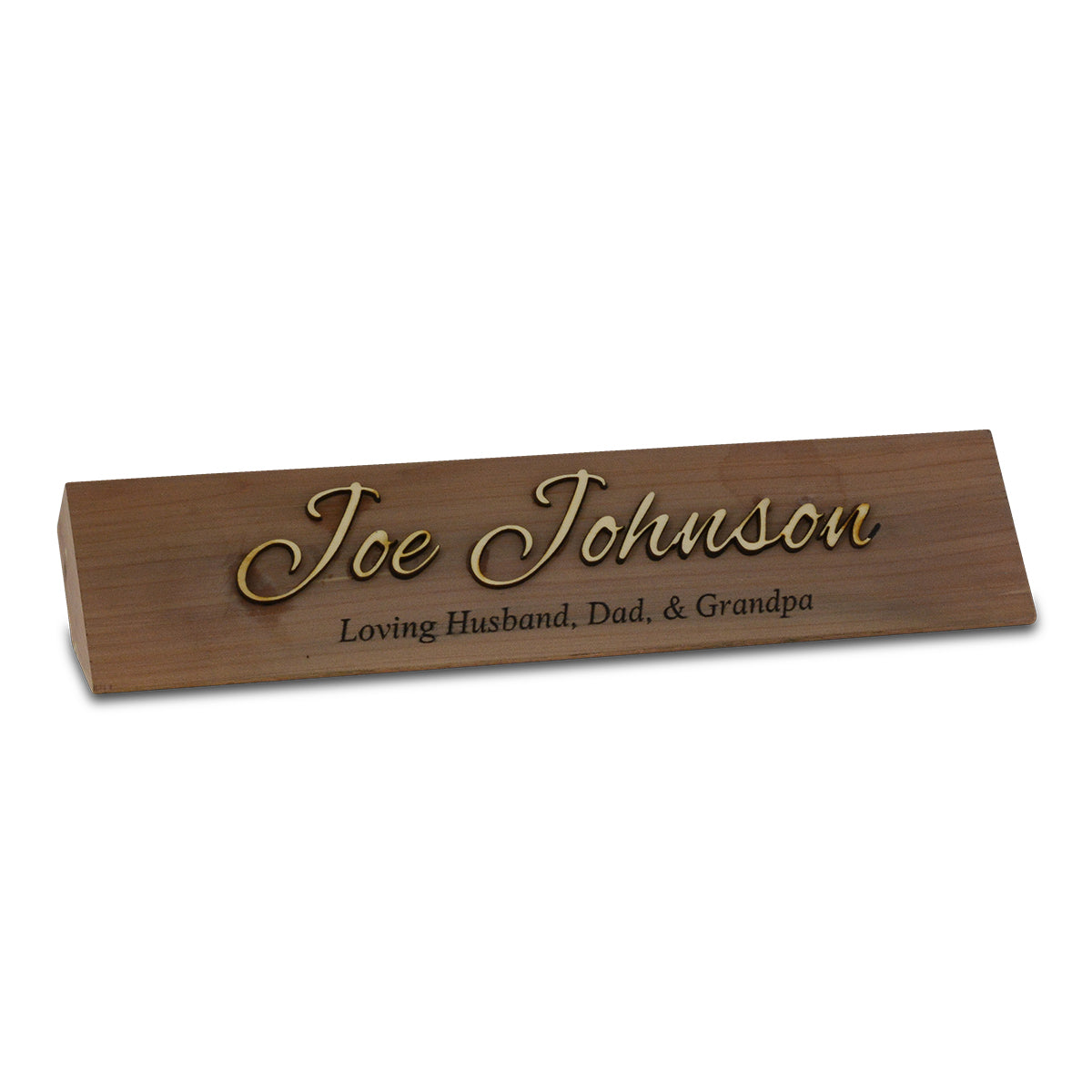 Ten-inch wooden nameplate with raised three-dimensional cut letters on a base