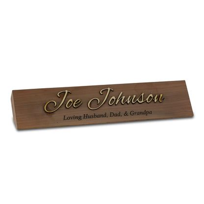 Twelve-inch wood nameplate with raised three-dimensional lettering on a flat backing