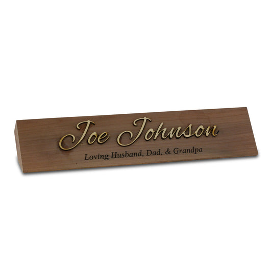 Twelve-inch wood nameplate with raised three-dimensional lettering on a flat backing