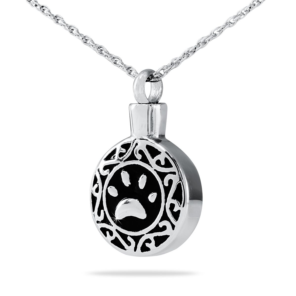 Plain brushed stainless steel pendant with a single paw print on the front