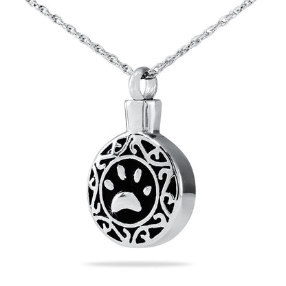 Plain brushed stainless steel pendant with a single paw print on the front
