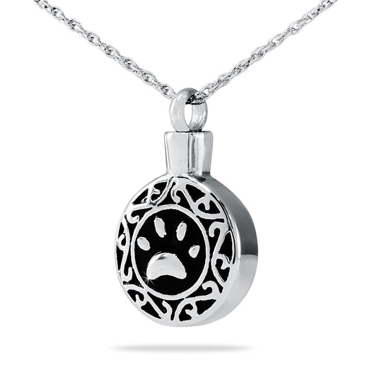Plain brushed stainless steel pendant with a single paw print on the front