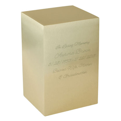 Rounded brass cremation urn with a smooth unpatterned gold body and a domed fitted lid