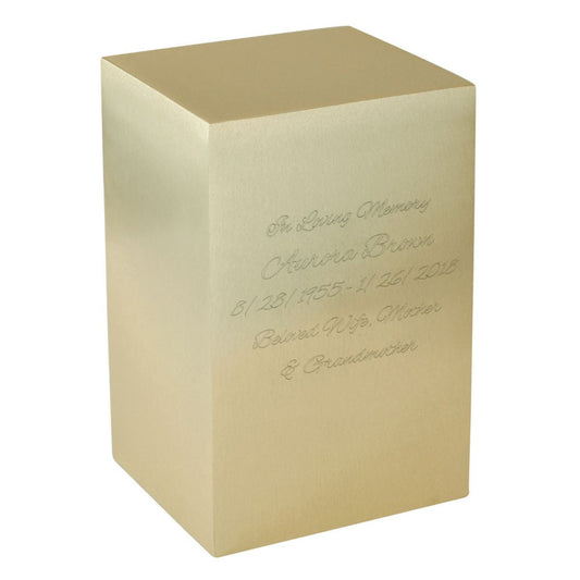 Rounded brass cremation urn with a smooth unpatterned gold body and a domed fitted lid