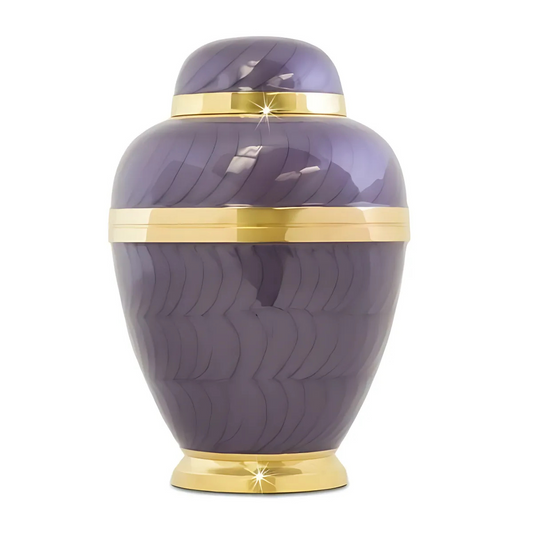 Purple brass cremation urn with a tall domed lid and a smooth rounded body