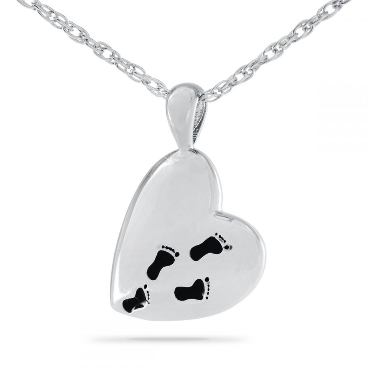 Silver pendant with a footprints motif and Footprints prayer lettering, on a silver chain