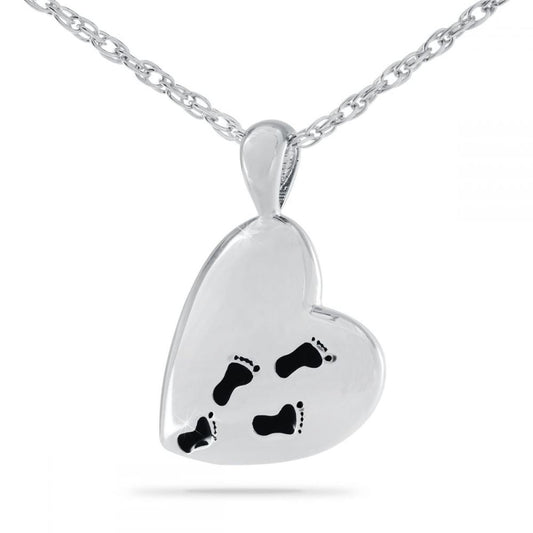 Silver pendant with a footprints motif and Footprints prayer lettering, on a silver chain