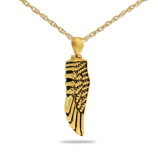 Gold plated steel pendant shaped as a feathered angel wing, wider than it is tall