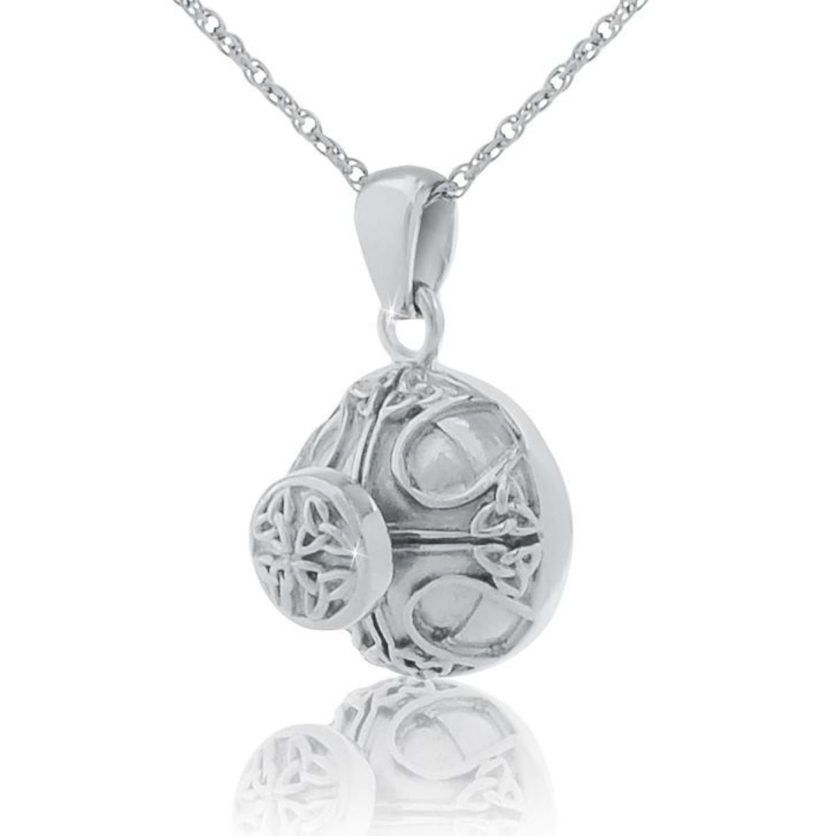 Stainless steel pendant with interlaced Celtic knotwork across a polished silver face