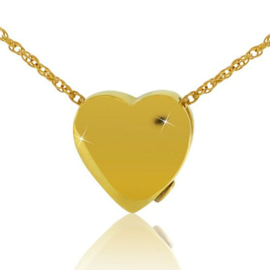 Small gold plated steel heart pendant with a smooth polished surface on a chain